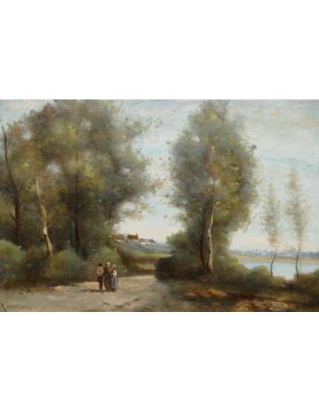 De Villers Adolphe French School Walk Along The River Oil On Canvas Signed - Landscape Paintings-Bozaart