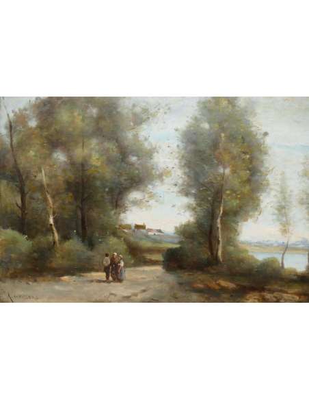 De Villers Adolphe French School Walk Along The River Oil On Canvas Signed - Landscape Paintings-Bozaart