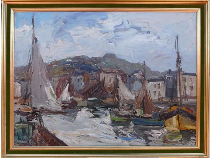 Herbo Fernand French Painting XXth Normandy Honfleur And Its Port Oil Signed Canvas - Marine Paintings