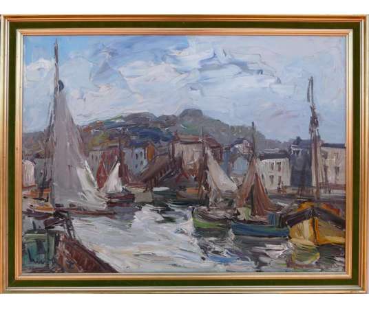 Herbo Fernand French Painting XXth Normandy Honfleur And Its Port Oil Signed Canvas - Marine Paintings