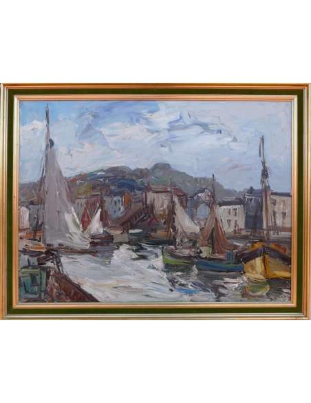 Herbo Fernand Peinture Française XXè Normandie Honfleur Et Son Port Huile Toile Signée - Tableaux marine-Bozaart