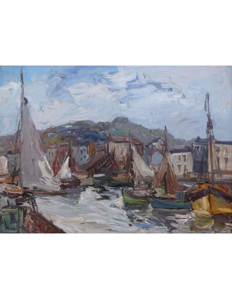 Herbo Fernand French Painting XXth Normandy Honfleur And Its Port Oil Signed Canvas - Marine Paintings-Bozaart