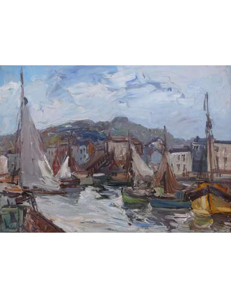 Herbo Fernand Peinture Française XXè Normandie Honfleur Et Son Port Huile Toile Signée - Tableaux marine-Bozaart