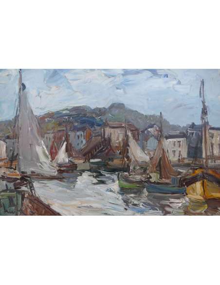 Herbo Fernand Peinture Française XXè Normandie Honfleur Et Son Port Huile Toile Signée - Tableaux marine-Bozaart