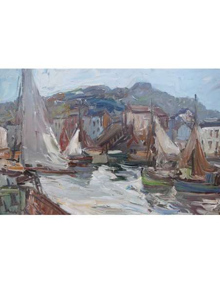 Herbo Fernand Peinture Française XXè Normandie Honfleur Et Son Port Huile Toile Signée - Tableaux marine-Bozaart