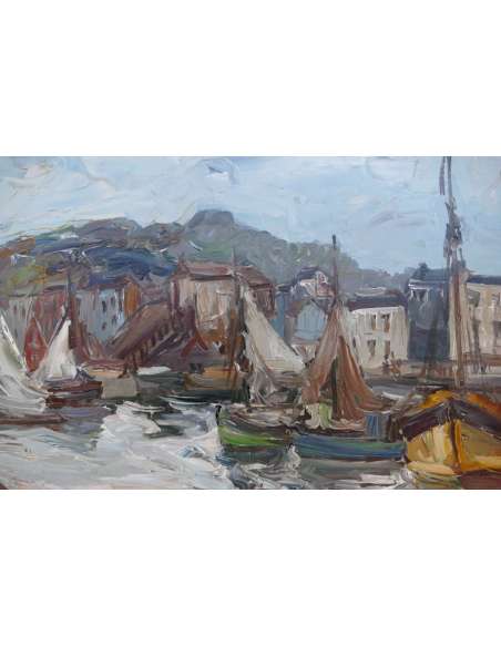 Herbo Fernand Peinture Française XXè Normandie Honfleur Et Son Port Huile Toile Signée - Tableaux marine-Bozaart