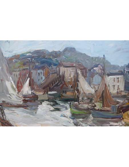 Herbo Fernand Peinture Française XXè Normandie Honfleur Et Son Port Huile Toile Signée - Tableaux marine-Bozaart