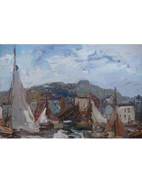 Herbo Fernand Peinture Française XXè Normandie Honfleur Et Son Port Huile Toile Signée - Tableaux marine-Bozaart