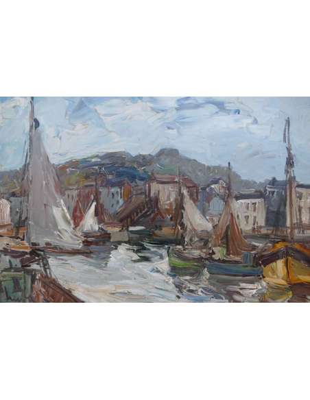 Herbo Fernand Peinture Française XXè Normandie Honfleur Et Son Port Huile Toile Signée - Tableaux marine-Bozaart