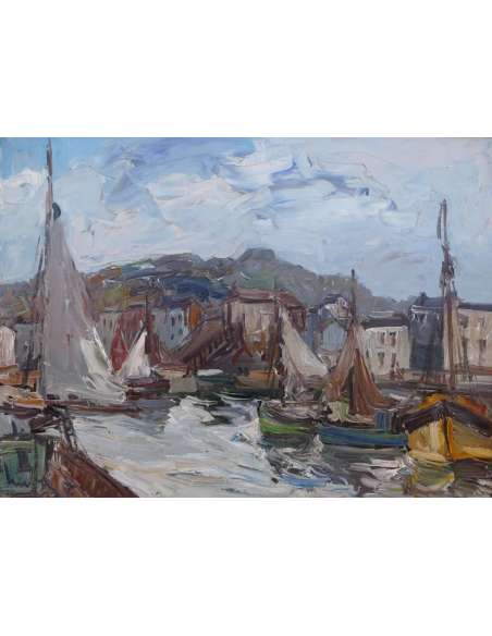 Herbo Fernand Peinture Française XXè Normandie Honfleur Et Son Port Huile Toile Signée - Tableaux marine-Bozaart