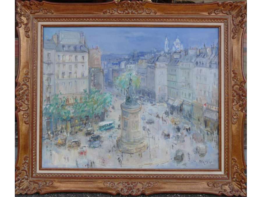 Paris la place de clichy en huile sur toile signée+ Bertin Roger école française XXe siècle