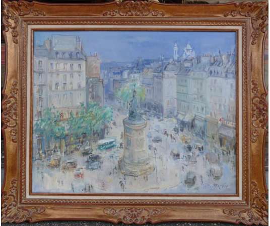 Bertin Roger French School 20th Century Paris The Place Of Clichy Oil On Canvas Signed - Paintings genre scenes