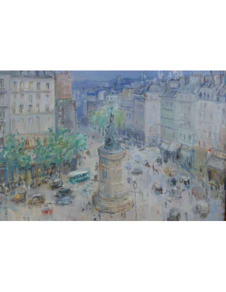 Bertin Roger French School 20th Century Paris The Place Of Clichy Oil On Canvas Signed - Paintings genre scenes-Bozaart