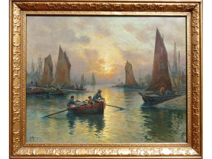 Maroniez Georges French Painting Late Nineteenth The Return Of The Fishermen Oil On Canvas Signed - Marine Paintings