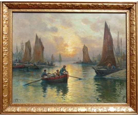 Maroniez Georges French Painting Late Nineteenth The Return Of The Fishermen Oil On Canvas Signed - Marine Paintings