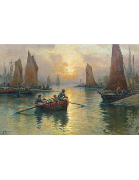 Maroniez Georges French Painting Late Nineteenth The Return Of The Fishermen Oil On Canvas Signed - Marine Paintings-Bozaart