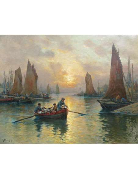Maroniez Georges French Painting Late Nineteenth The Return Of The Fishermen Oil On Canvas Signed - Marine Paintings-Bozaart