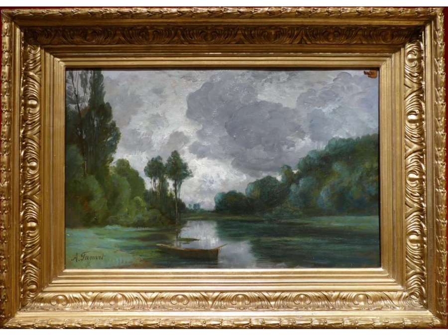 Fanart Antonin French Painting XIXth Century Riverside Oil On Signed Cardboard - Landscape Paintings
