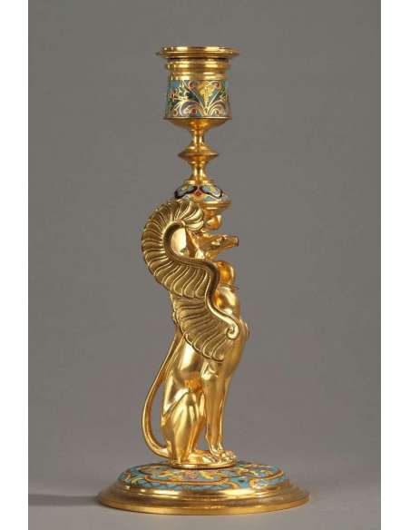 Candlesticks With Winged Griffins F.barbedienne In Cloisonné And Gilded Bronze - Candlesticks - Torches-Bozaart