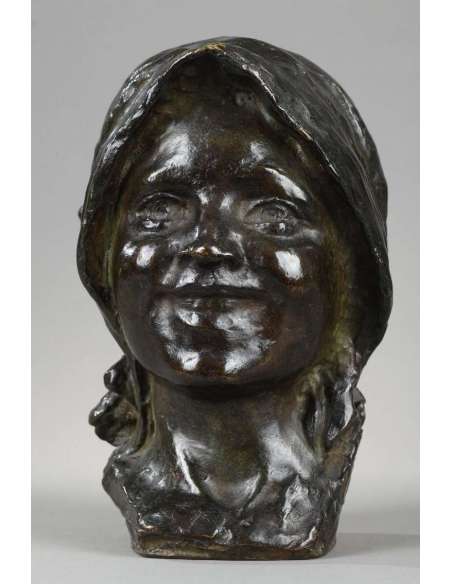 Smiling Girl's Head. Bronze Attr. Constantin Meunier - Ancient bronzes-Bozaart