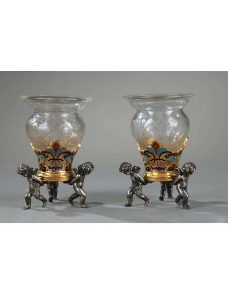 Pair Of Small Cloisonne Enamel And Engraved Glass Centerpieces. - Art objects-Bozaart