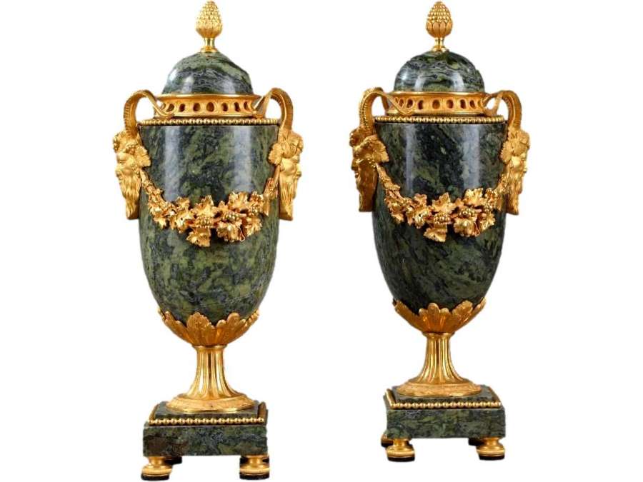 Pair of green marble and gilded bronze cassolettes