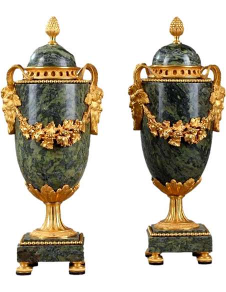 Paire de cassolettes marbre vert et bronze doré - coupes, vasques, cassolettes-Bozaart