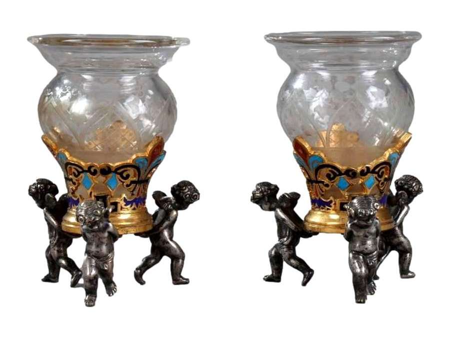 Pair Of Small Cloisonne Enamel And Engraved Glass Centerpieces.
