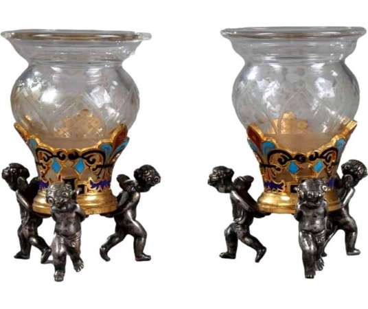 Pair Of Small Cloisonne Enamel And Engraved Glass Centerpieces. - Art objects