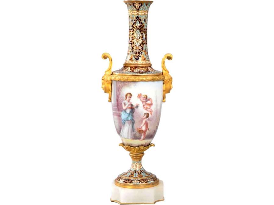 Vase With Enameled Porcelain Neck, Gilded Bronze, Cloisonne Enamel.