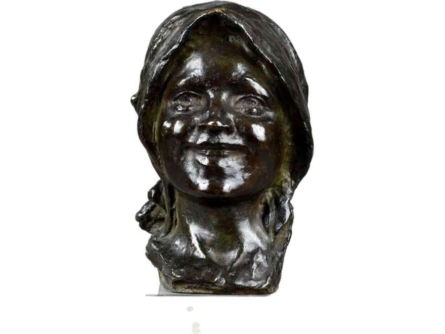 Smiling Girl's Head. Bronze Attr. Constantin Meunier - Ancient bronzes