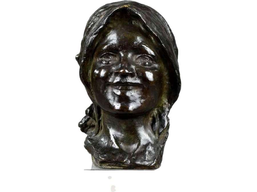 Tête Souriante De Jeune Fille. Bronze Attr. Constantin Meunier - Bronzes anciens