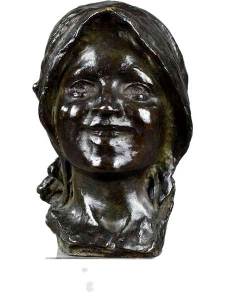 Tête Souriante De Jeune Fille. Bronze Attr. Constantin Meunier - Bronzes anciens-Bozaart