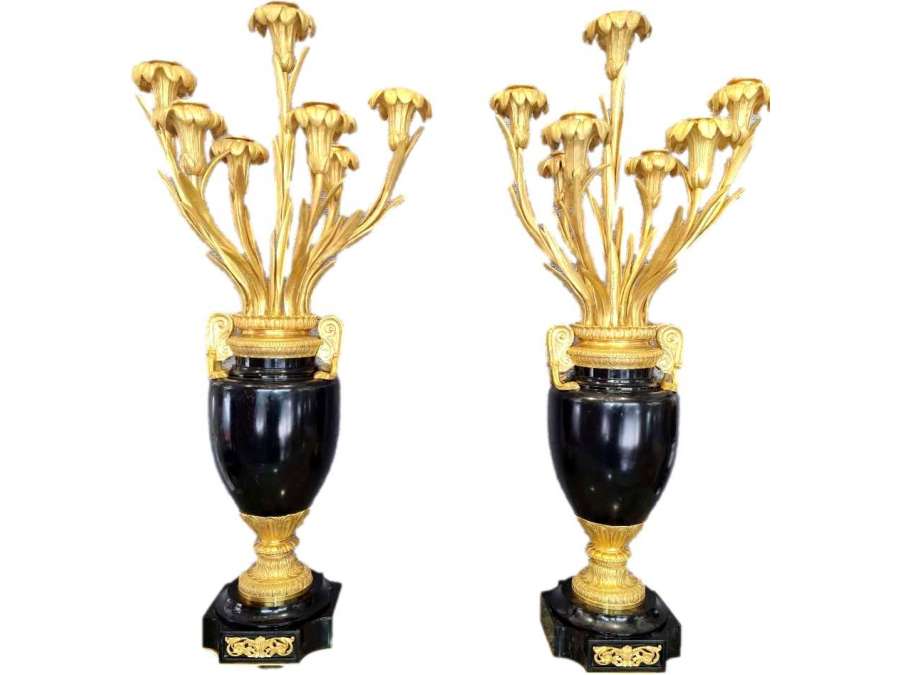 Pair Of Black Marble Candelabra, 7 Lights