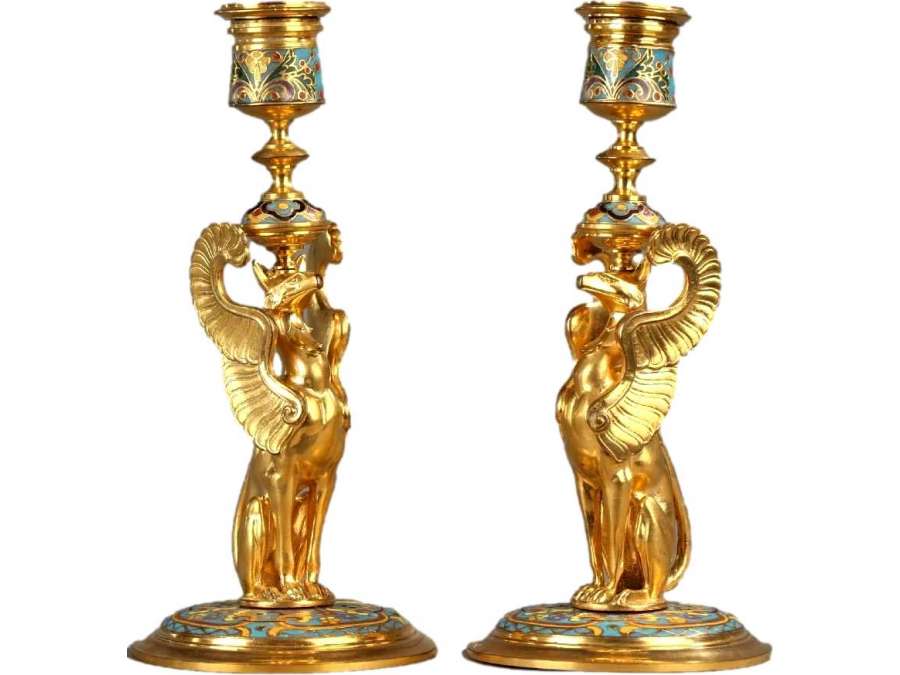 Candlesticks with winged griffins+ in cloisonné and gilt bronze+ F.Barbedienne 19th century