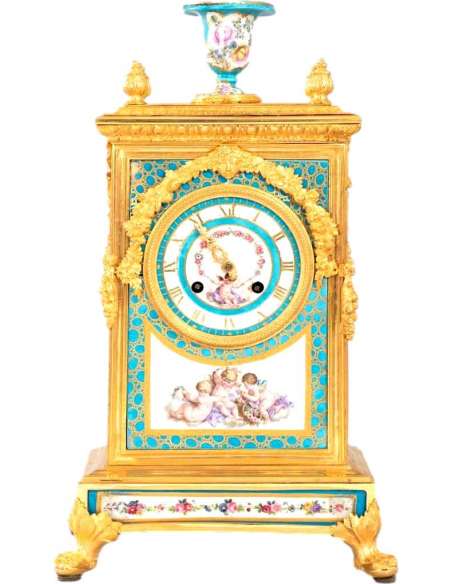 Pendule Borne Louis XVI En Bronze Doré Au Mercure Et Porcelaine De Sèvres - pendules anciennes-Bozaart