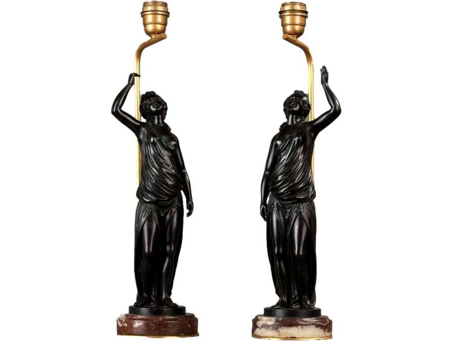 Pair Of Lamps, Women In Antique Patinated Bronze,