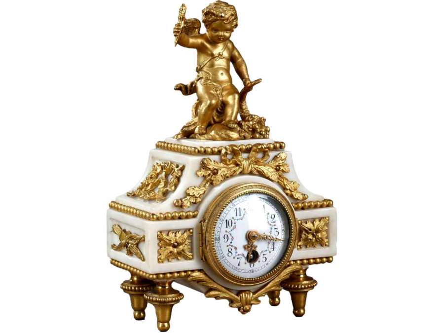 Small Louis XVI Clock, Carrara Marble And Gilded Bronze - antique Clocks