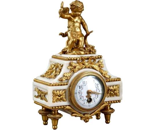 Small Louis XVI Clock, Carrara Marble And Gilded Bronze - antique Clocks