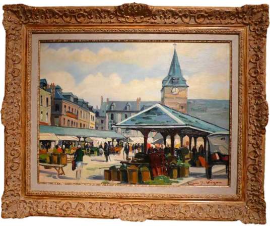 Vigon Louis Painting 20th School Of Rouen Place Du Marche Villers Sur Mer Oil Signed Canvas - Paintings genre scenes