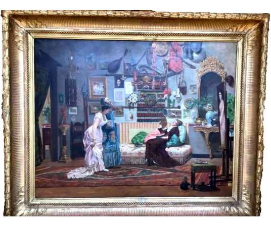 Painting By Antoine Vierling (1842-?) :the Artist's Studio 1881 - Paintings genre scenes