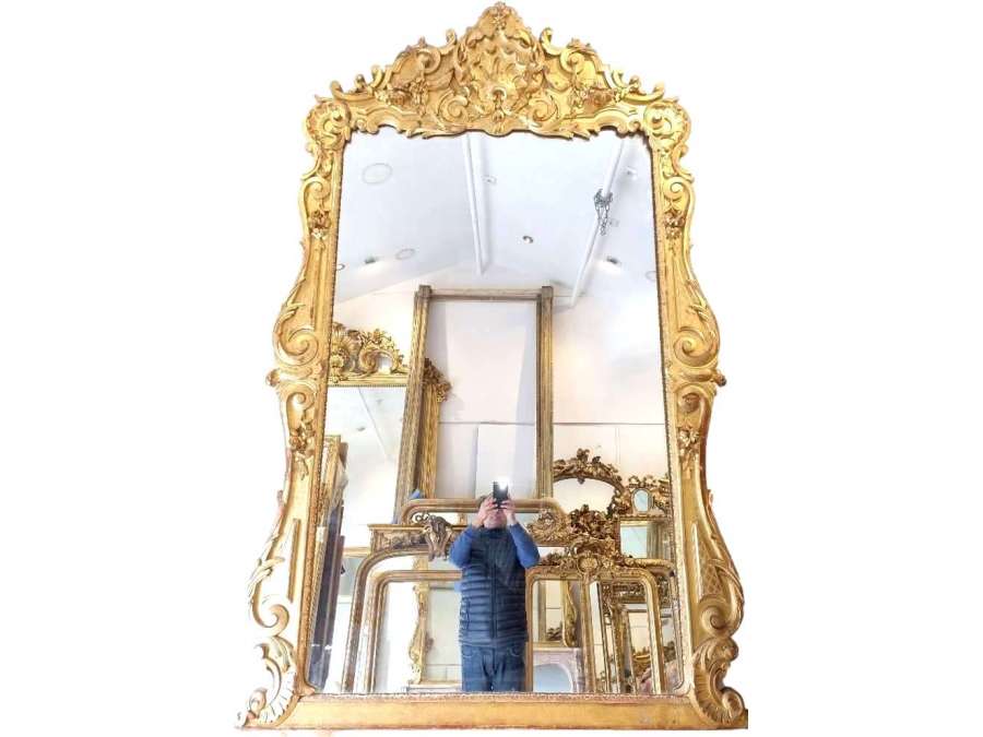 Very large and wide Louis XV style fireplace mirror in gilded wood gold leaf 148*230cm