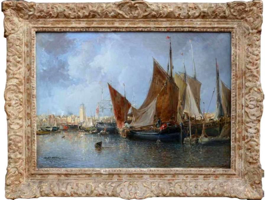 Noel Jules Old French Painting 19th Port In Normandy Oil On Canvas Signed And Dated - Marine Paintings
