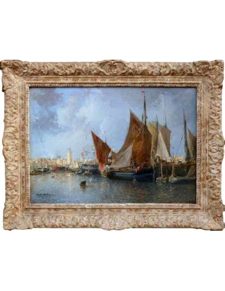 Noel Jules Tableau Français Ancien 19è Port En Normandie Huile Sur Toile Signée Et Datée - Tableaux marine-Bozaart