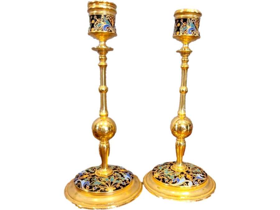 A Pair Of Gilded Bronze And Cloisonné Enamel Candle Holders.