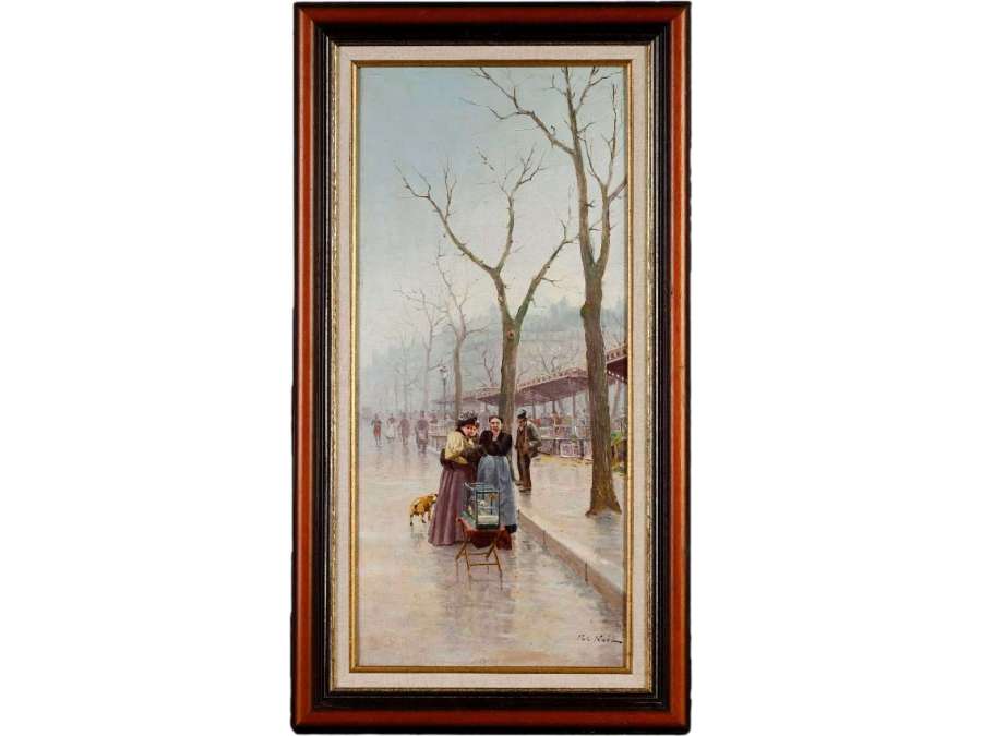 The bird market in Paris+ in oil on canvas by Pol NOËL 19th century