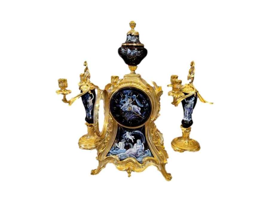 Cartel garniture+ in enamel of Limoges and gilded bronze 19th century