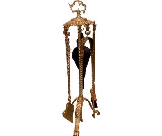 Louis XVI Style Fireplace Set From The Napoleon III Era In Gilded Bronze - chenets, fireplace accessories