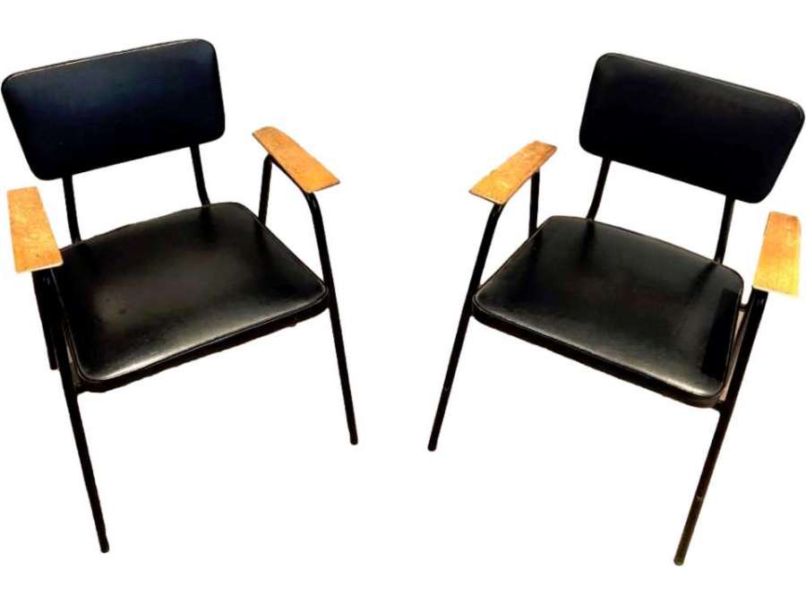 Pair Of Lacquered Metal And Black Skai Armchairs With Wooden Armrests And Willy Van De Meeren - Design Seats