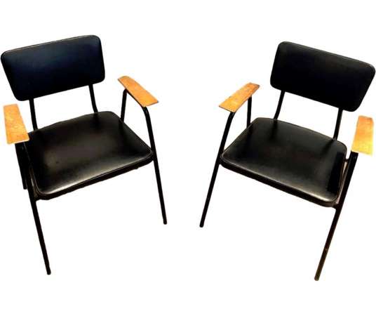 Pair Of Lacquered Metal And Black Skai Armchairs With Wooden Armrests And Willy Van De Meeren - Design Seats